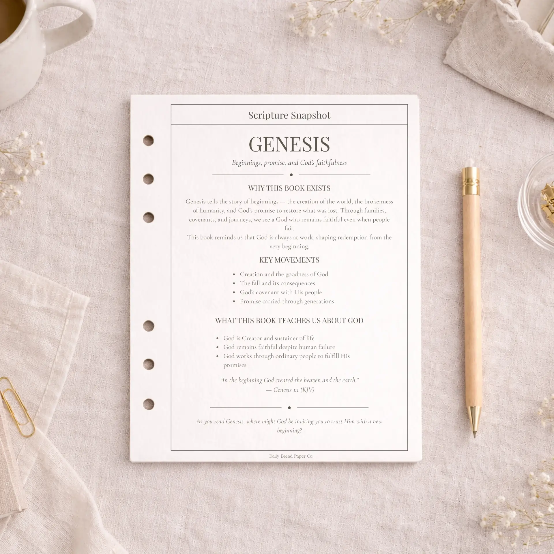 6 hole punch planner insert paper product (scripture snapshot) with linen background, coffee mug, and pen/pencil decor on the right.